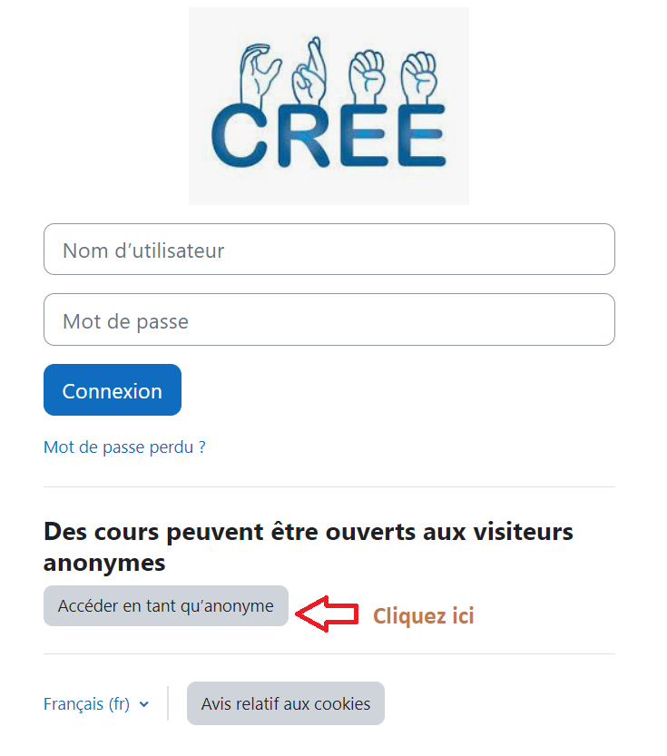 Page de connexion à Moodle avec une flèche indiquant "cliquez ici" en désignant l'onglet "Accéder en tant qu'anonyme" 